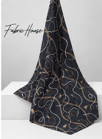 Charcoal Beige Floral Spirals poly-cotton draped to show fall