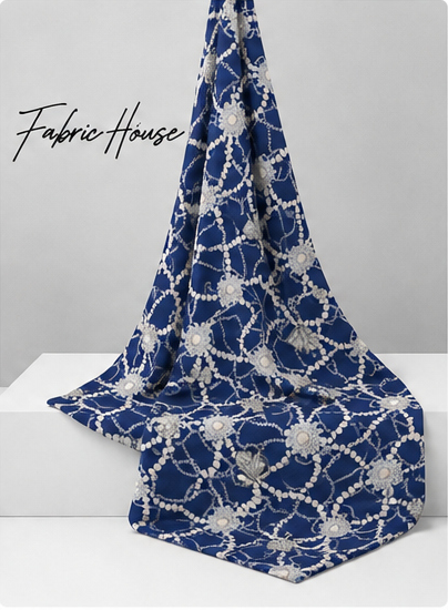 Indigo White Branch Pattern poly-cotton draped to show fall