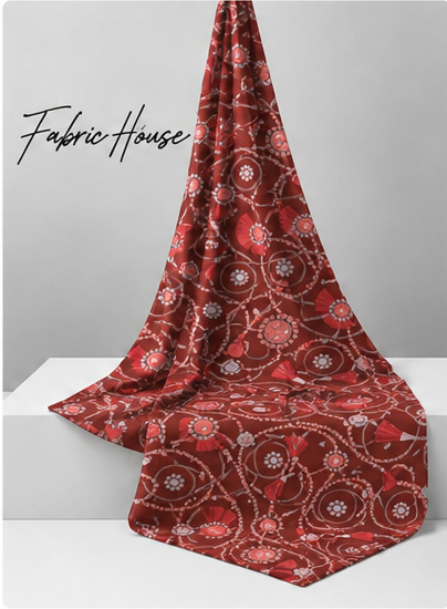 Terracotta Botanical Swirls poly-cotton draped to show fall
