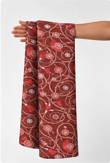 Terracotta Botanical Swirls poly-cotton held in hand for scale