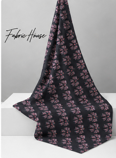 Charcoal Pink Botanical Motifs poly-cotton draped to show fall