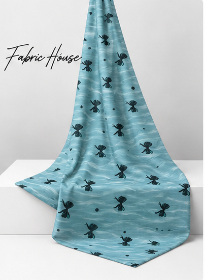 Aqua Black Tiny Floral poly-cotton draped to show fall