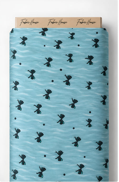 Aqua Black Tiny Floral poly-cotton full roll