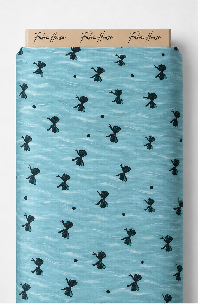 Aqua Black Tiny Floral poly-cotton full roll