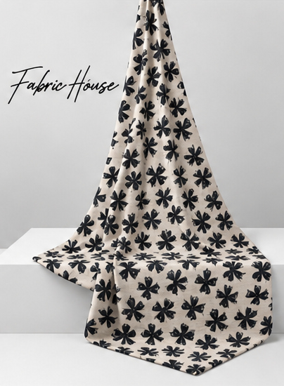 Ivory Black Bold Leaf Print poly-cotton draped to show fall