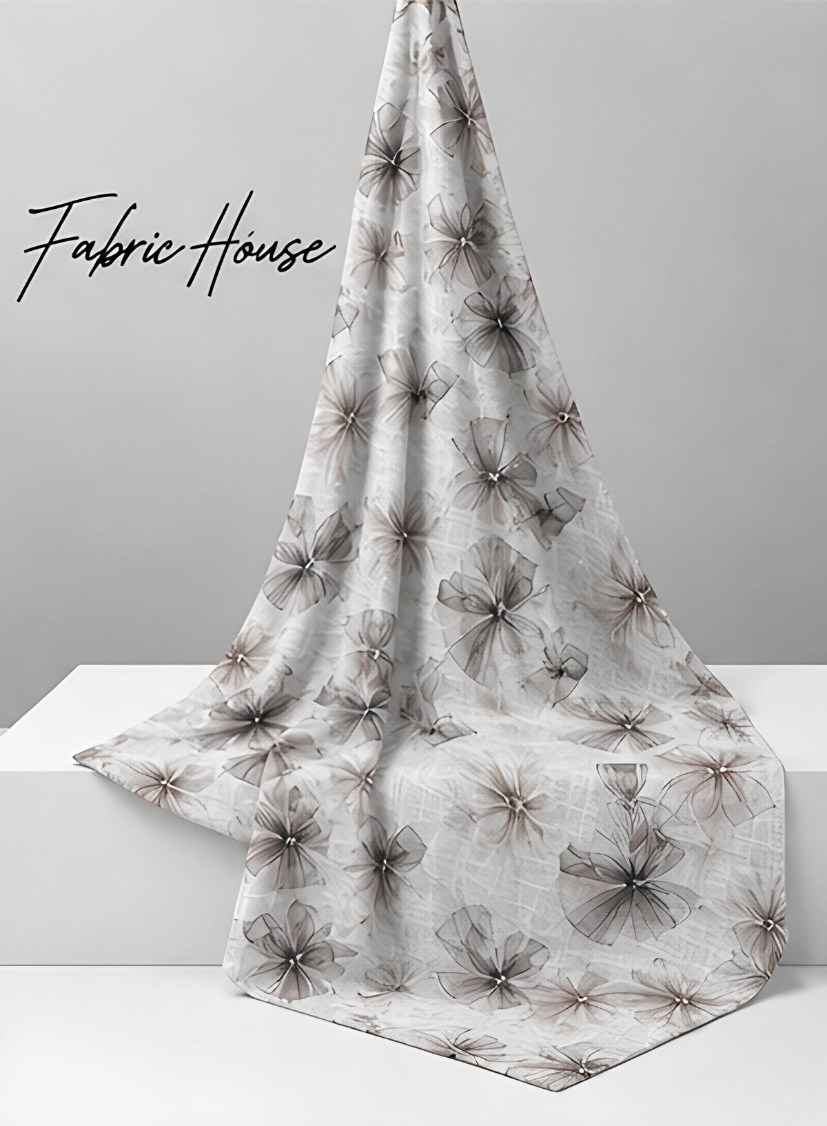 Ivory Grey Feathered Botanical poly-cotton draped to show fall