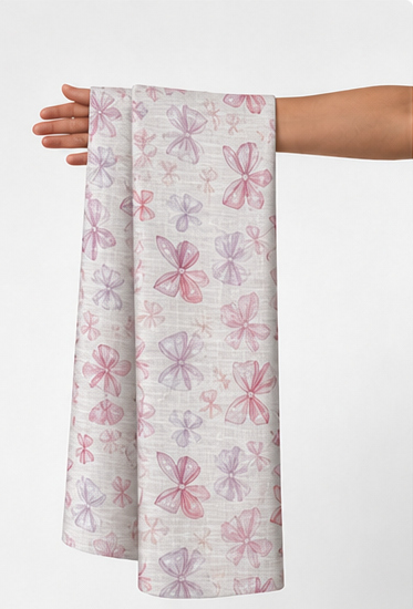 Ivory Pink Delicate Blossoms poly-cotton held in hand for scale