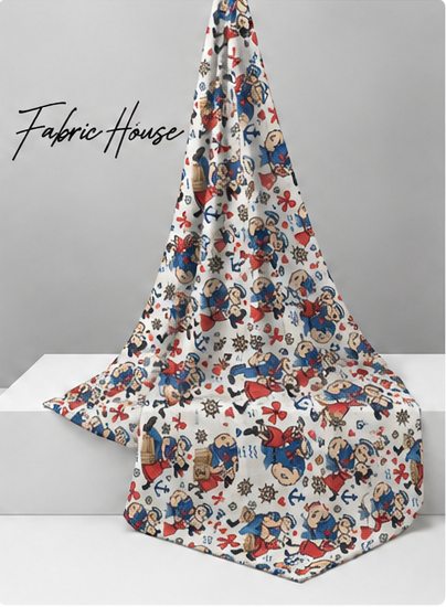 White Colorful Illustrated Motifs poly-cotton draped to show fall