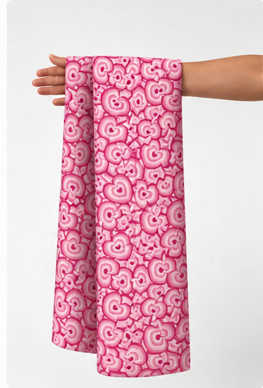 Hot Pink Retro Abstract Motifs poly-cotton held in hand for scale