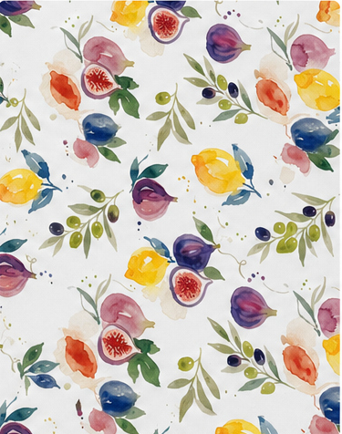 White Watercolor Fruit Garden poly-cotton, print close up