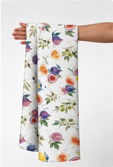 White Watercolor Fruit Garden poly-cotton held in hand for scale