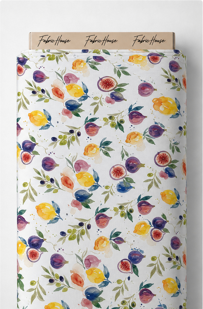 White Watercolor Fruit Garden poly-cotton full roll