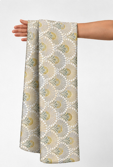 Beige Sage Scallop Pattern poly-cotton held in hand for scale