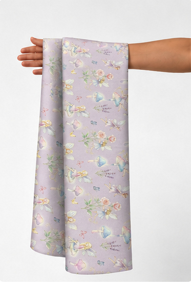 Lilac Pastel Tiny Motifs poly-cotton held in hand for scale