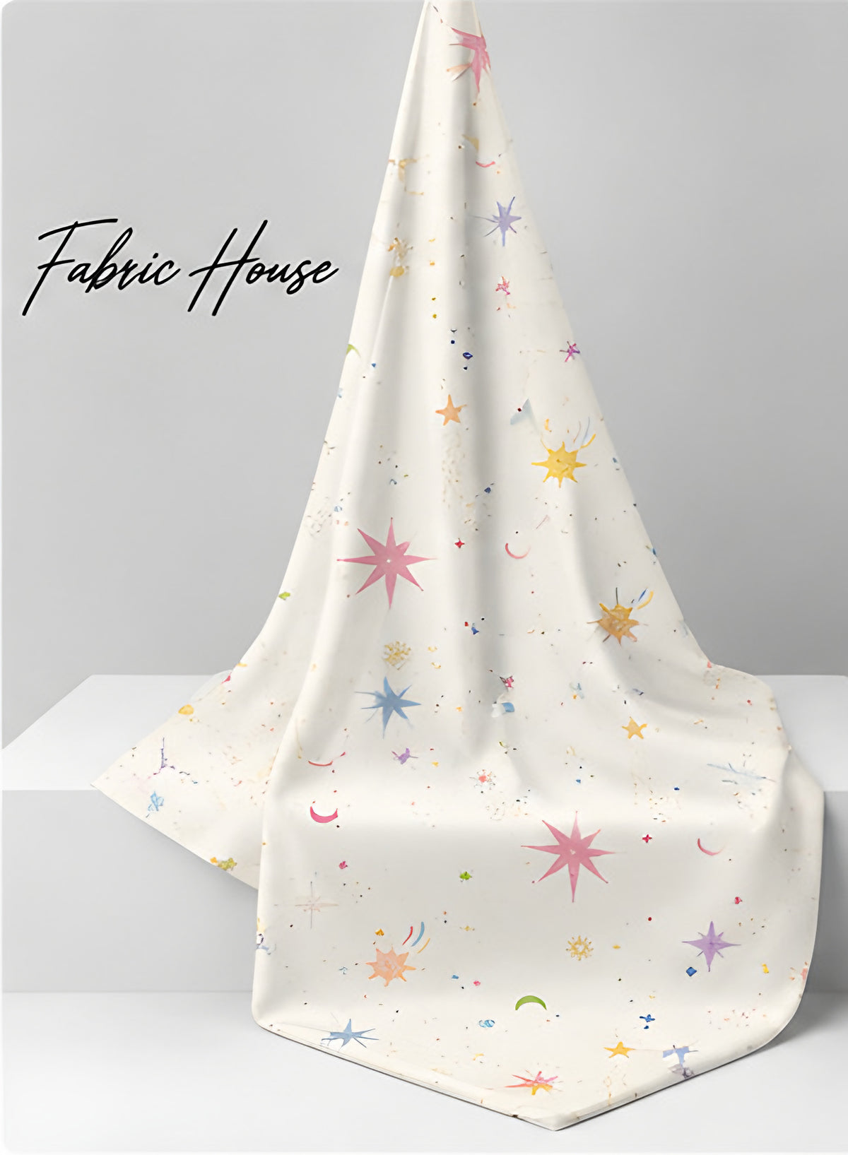 Ivory Pastel Stars and Suns poly-cotton draped to show fall