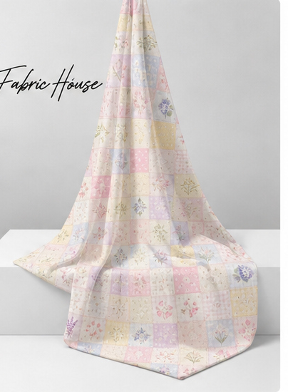 Cream Pastel Patchwork Illustrations poly-cotton draped to show fall