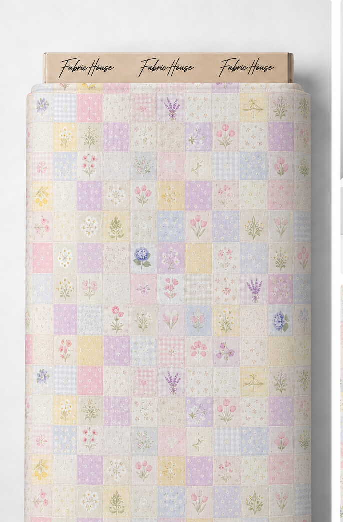 Cream Pastel Patchwork Illustrations poly-cotton full roll