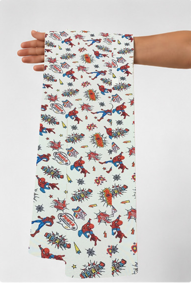 White Colorful Tropical Birds poly-cotton held in hand for scale