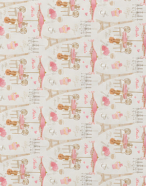 Cream Pink Illustrated Patchwork poly-cotton, print close up