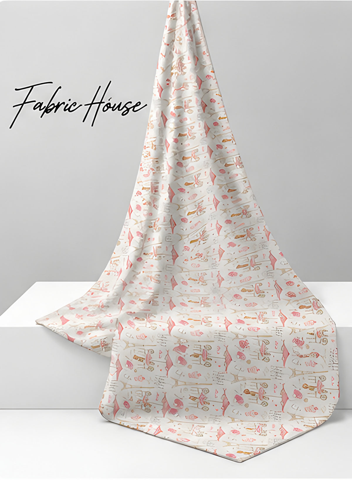 Cream Pink Illustrated Patchwork poly-cotton draped to show fall