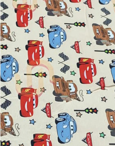 Ivory Colorful Cartoon Vehicles poly-cotton, print close up