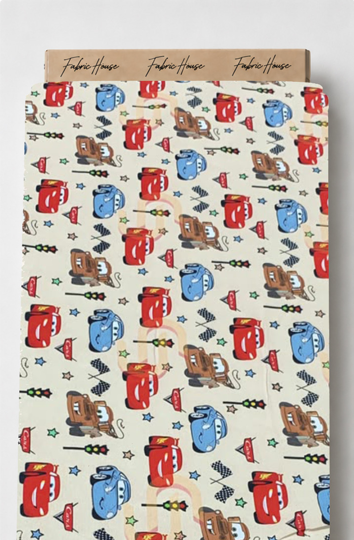 Ivory Colorful Cartoon Vehicles poly-cotton full roll