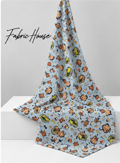 Sky Blue Cartoon Animal Print poly-cotton draped to show fall