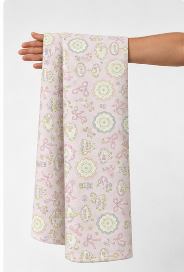 Pale Pink Mint Ornamental Print poly-cotton held in hand for scale