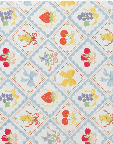 Blue Yellow Diamond Folk Floral poly-cotton, print close up