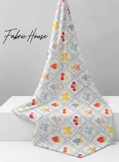 Blue Yellow Diamond Folk Floral poly-cotton draped to show fall