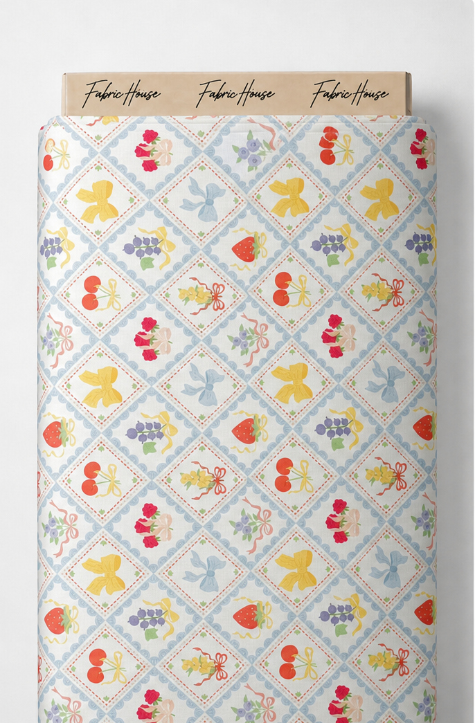 Blue Yellow Diamond Folk Floral poly-cotton full roll