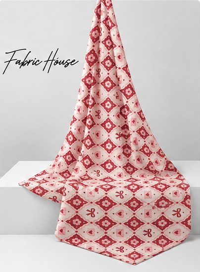 Red Geometric Floral Tiles poly-cotton draped to show fall