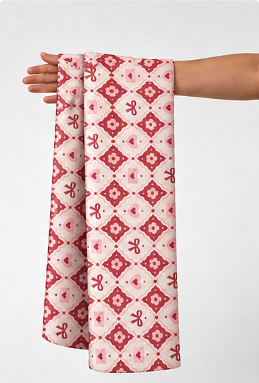 Red Geometric Floral Tiles poly-cotton held in hand for scale