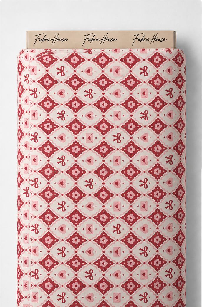 Red Geometric Floral Tiles poly-cotton full roll