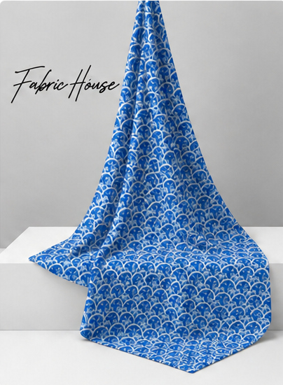 Royal Blue Micro Geometric silk draped to show drape and sheen