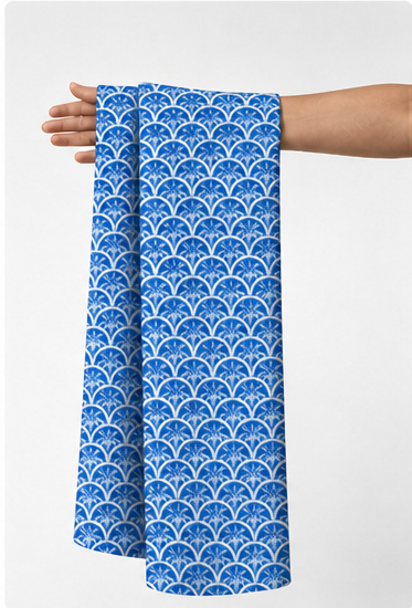 Royal Blue Micro Geometric silk held in hand for scale