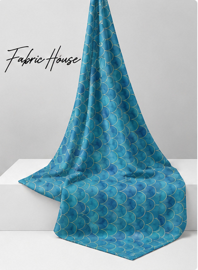Ocean Blue Botanical silk draped to show drape and sheen