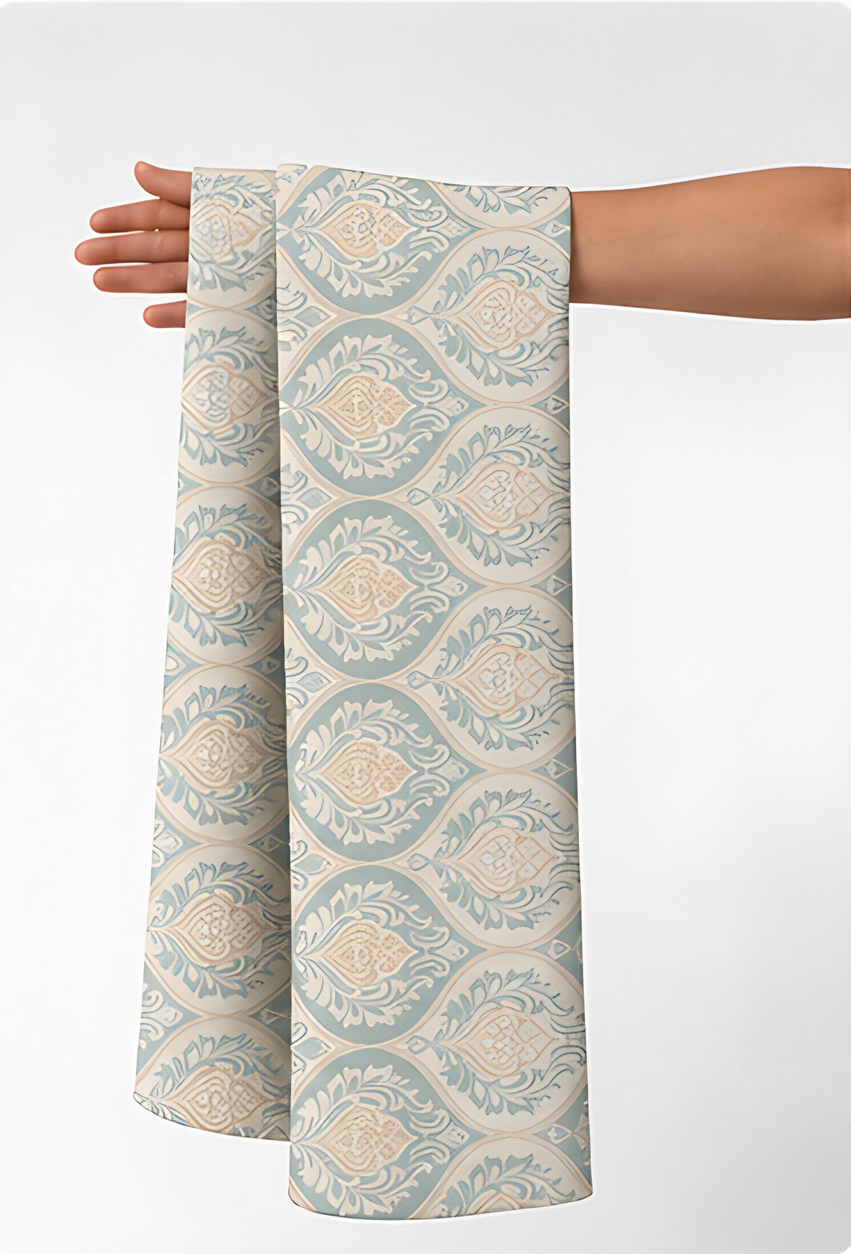 Cream Diamond Lattice silk held in hand for scale