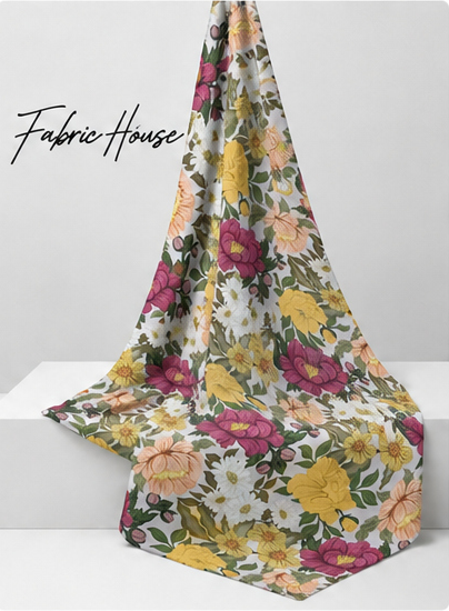 Multicolor Garden Bouquet silk draped to show drape and sheen