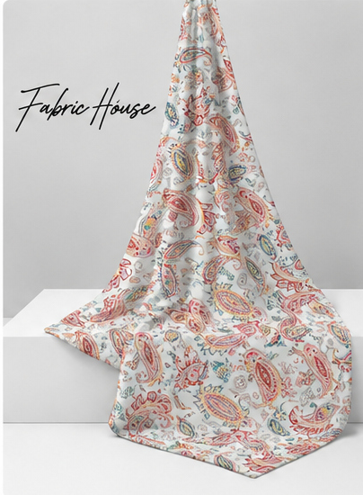 Terracotta Paisley Leaves silk draped to show drape and sheen