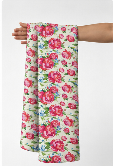 Fuchsia Rose Garden silk held in hand for scale