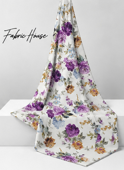 Purple Watercolor Blossoms silk draped to show drape and sheen