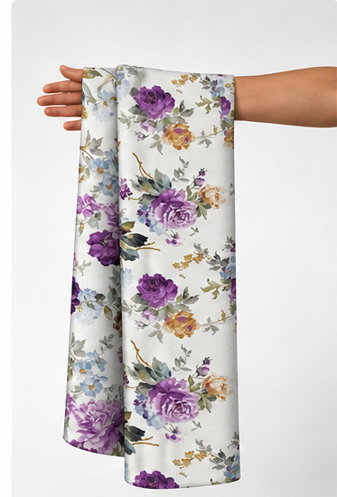 Purple Watercolor Blossoms silk held in hand for scale