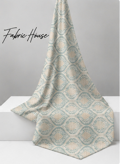 Ivory Diamond Trellis silk draped to show drape and sheen