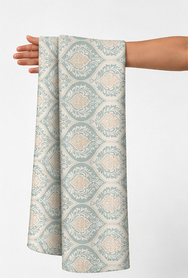 Ivory Diamond Trellis silk held in hand for scale