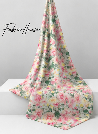 Spring Pink Floral Garden silk draped to show drape and sheen