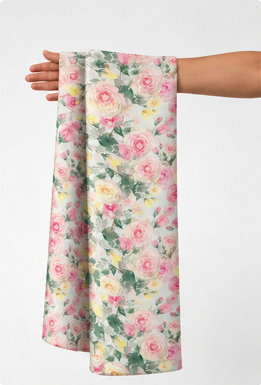Spring Pink Floral Garden silk held in hand for scale