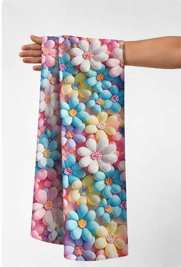Vibrant Multicolor Blossoms silk held in hand for scale