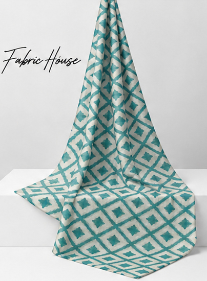 Emerald Diamond Geometric silk draped to show drape and sheen