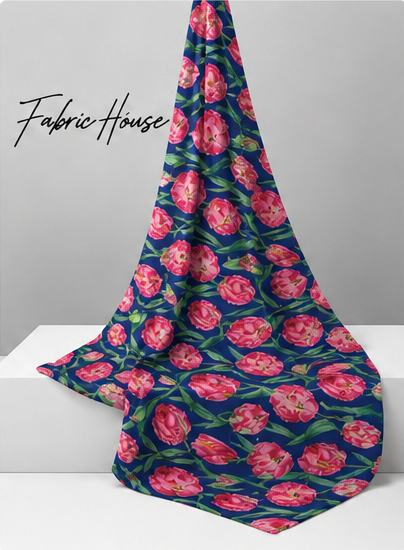 Navy Pink Rose Clusters silk draped to show drape and sheen